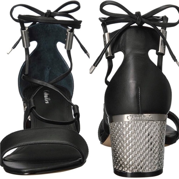 Calvin Klein Natania Black Leather Strappy Lace Up Dress Sandals Silver Heel 7 - Picture 11 of 11